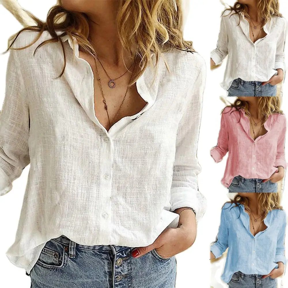 Women Leisure White Shirt Button V Neck Casual Solid Color Loose Long Sleeve Linen Cardigan Basic Oversized Tops Formal Office B