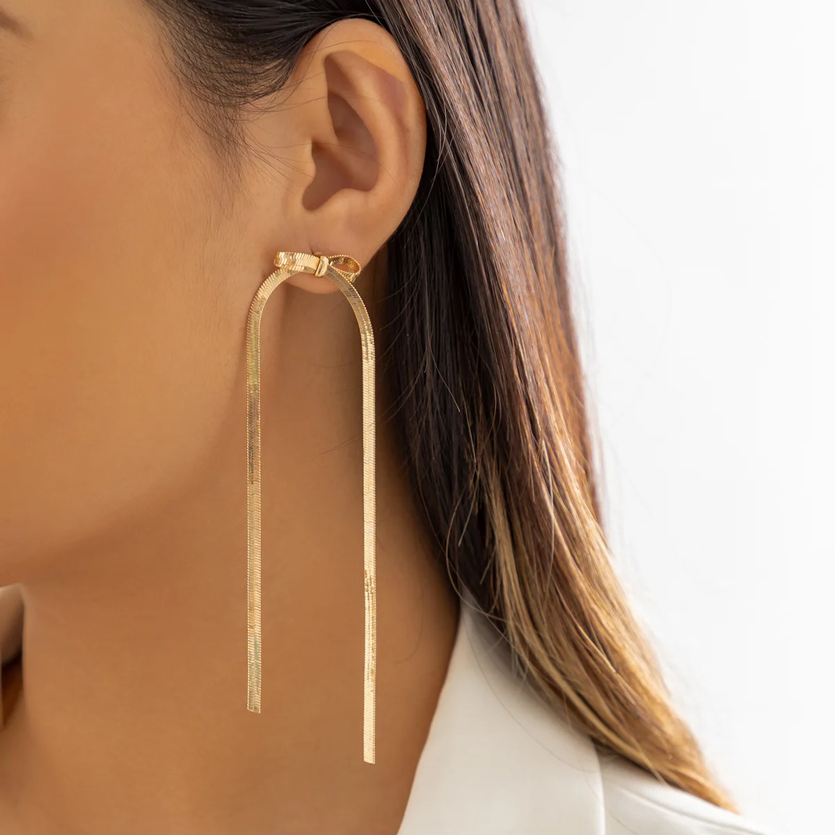 

New Arrivals Gold Elegant Cute Bow Knot Flat Gold Chains Tassel Long Drop Women Earring