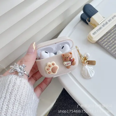 Милый бежевый чехол в стиле ретро для Apple AirPods 1, 2, 3-го поколения, чехол с медведем и вишней для AirPods Pro 2, брелок с подвеской, роскошный чехол