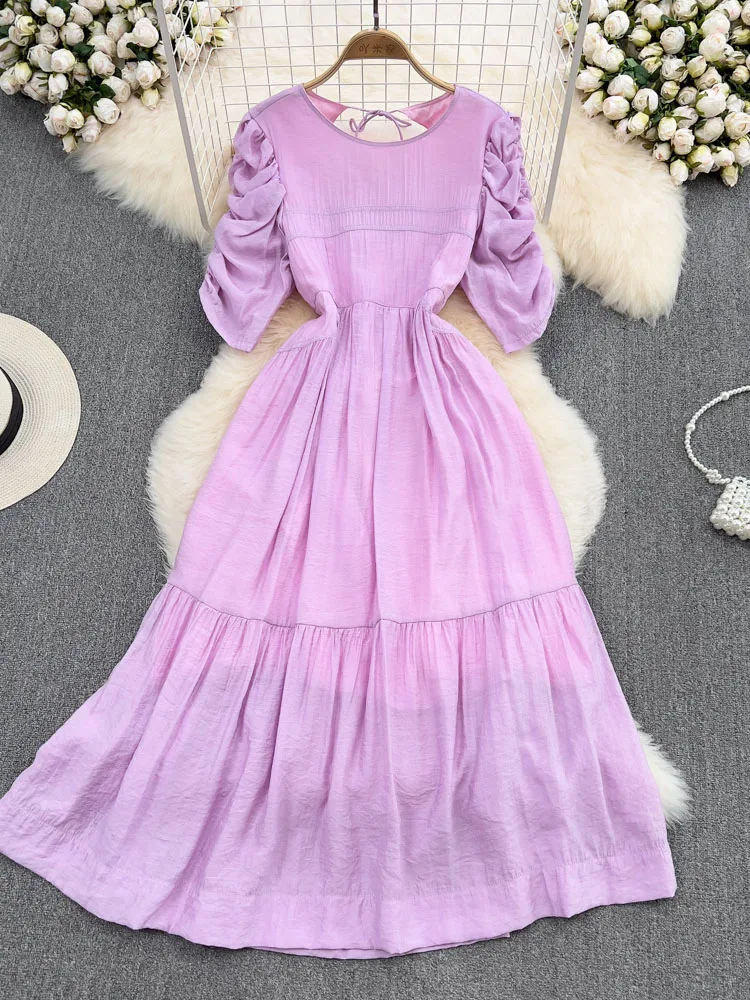 

Summer Fairy Round Neck Bubble Short Sleeves Open Back Waist A-line Ruffle Dress Seaside Holiday Big Swing Vestidos Woman D1309