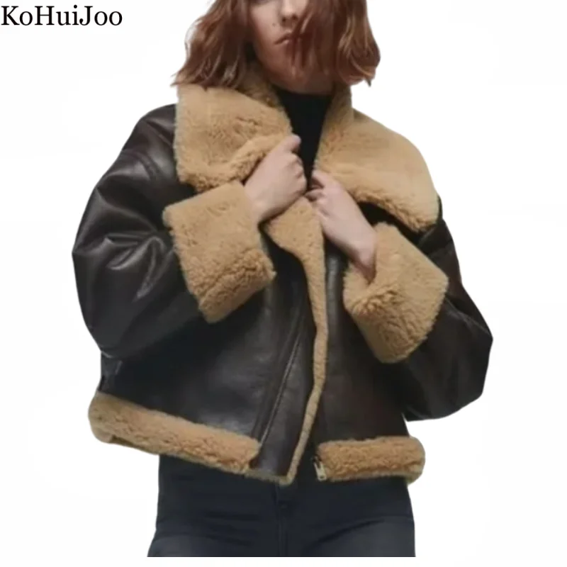 KoHuiJoo Winter New Thick Warm Motorcycle jacket Women  Lambswool Coat Long Sleeve Short PU Faux Leather Fashon Zipper Oversize