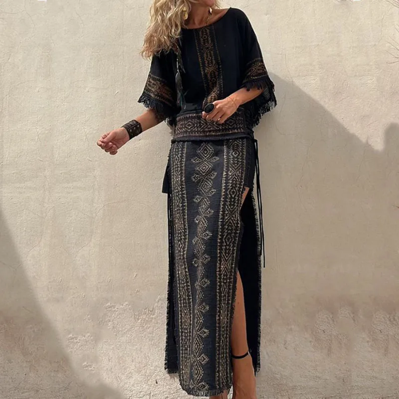 Юбка с бахромой и винтажным узором модная блузка круглым вырезом юбка разрезом