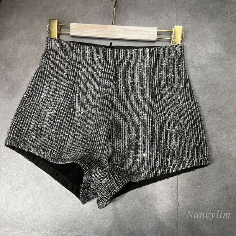 

Autumn New High Waist Straight Slimming Shorts Women's Slim Outer Wear Silver Silk Thin and Glittering Sequin Bootcuts Shorts