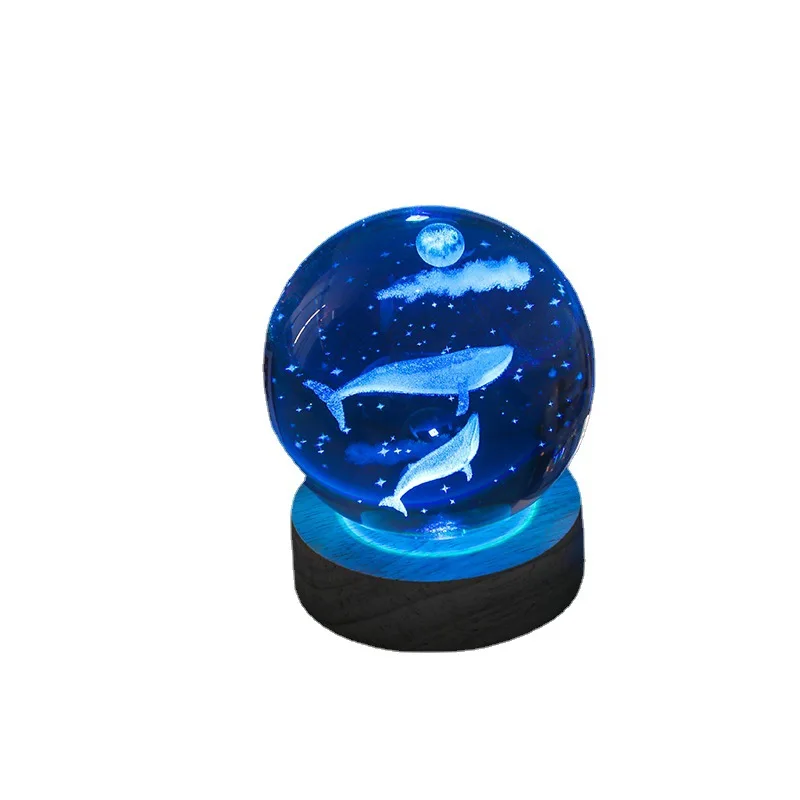 

3D Carved Glass Home Decoration Ornaments Xinghai Series Crystal Ball Colorful Luminous Wood Base Night Light Graduation Gift