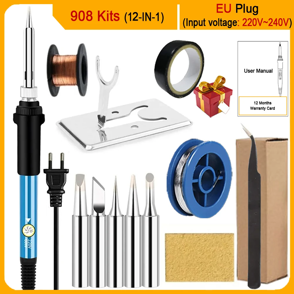 

Набор Электрических Паяльников 12-в-1, 60 Вт, С Регулируемой Температурой, Сменными Насадками И Ручкой, Комплект Для Пайки