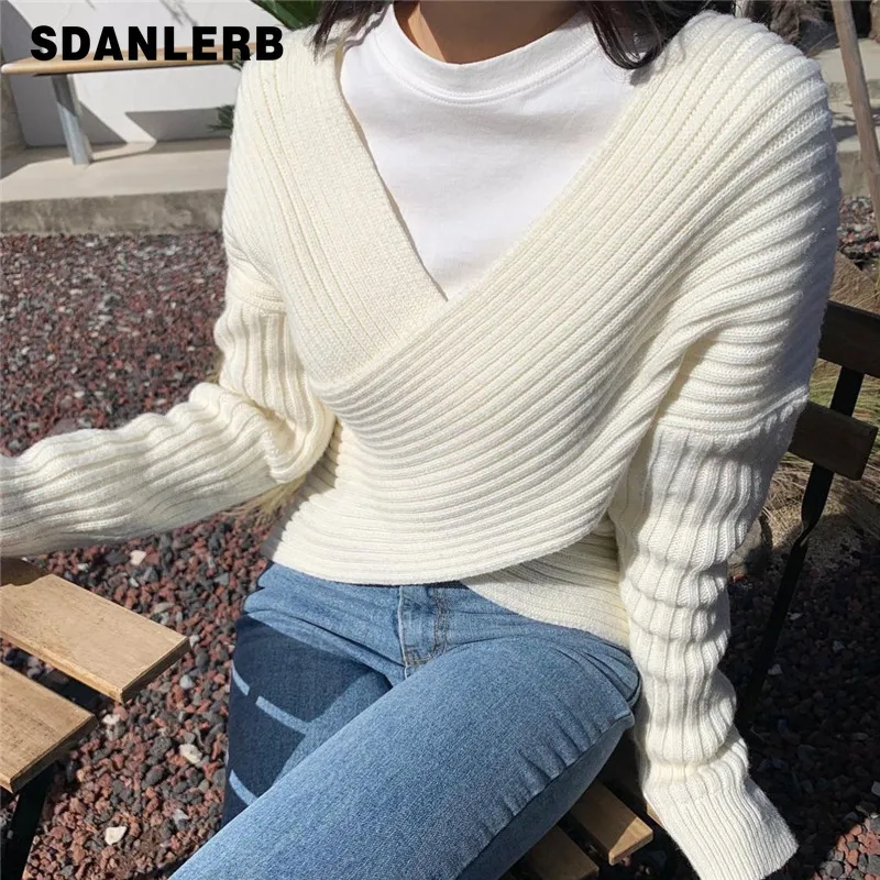 

Autumn and Winter Lazy Style Loose Slim Cross V-neck Long Sleeve Sweater Solid Color Outer Wear Thickened Knitted Pullover