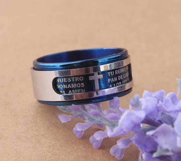 

Men's brief style Polished & Brushed Blue Prayer double layer swivelling scriptures cross Stainless Steel Rings