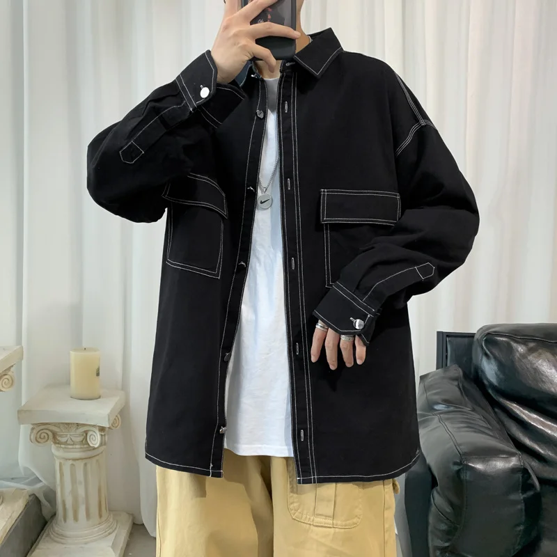 Autumn Cotton Long Sleeve Shirts Men Fashion 5 Colors Pocket Casual Shirts Mens Japanese Streetwear Loose Tooling Shirts Men