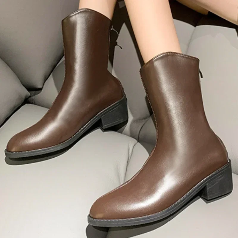 

Женские ботинки до середины икры, однотонные ботинки с острым носком, на молнии, на среднем каблуке, в британском стиле, зимняя обувь, 2023