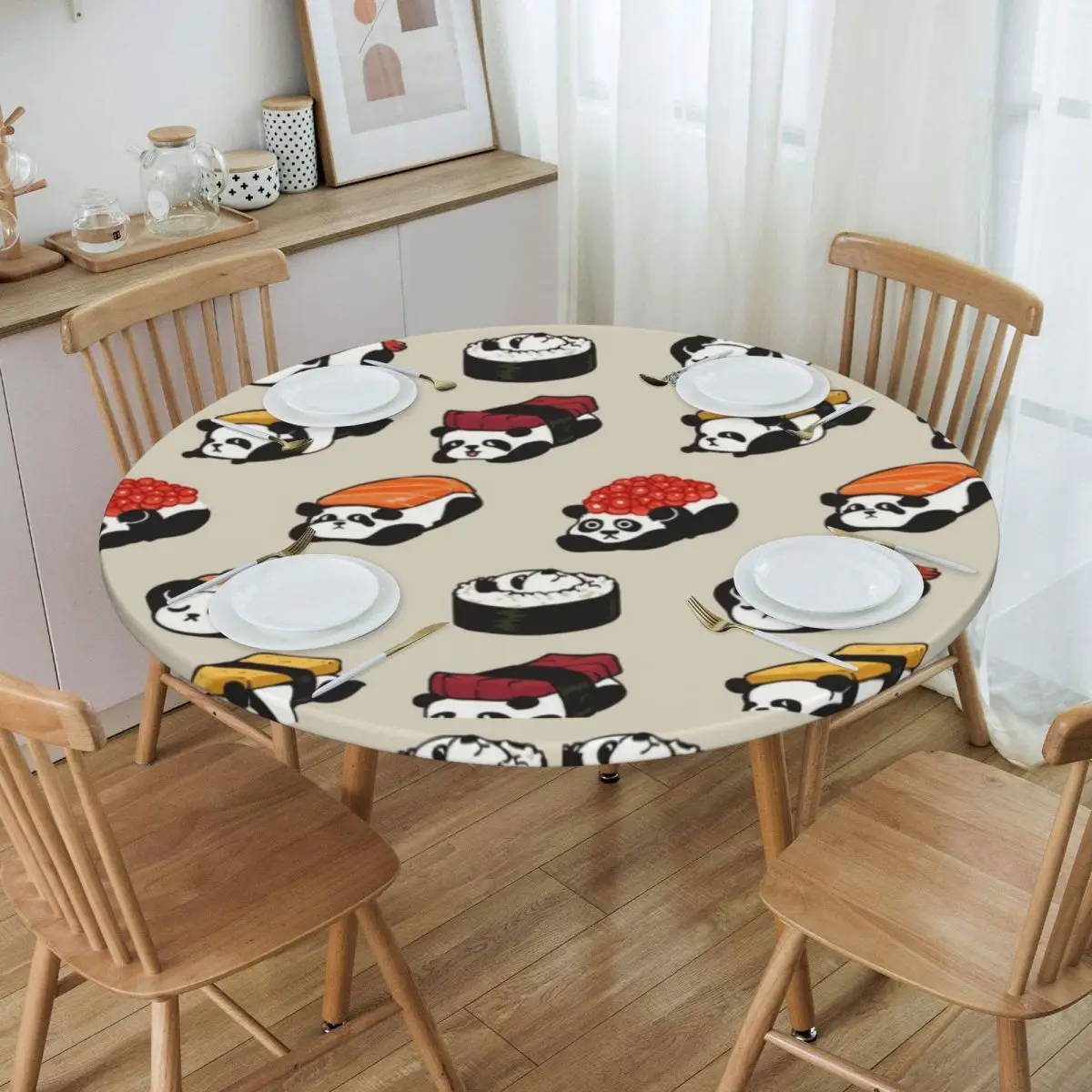 

Round Fitted Sushi Panda Table Cloth Waterproof Tablecloth 40"-44" Table Cover Backed with Elastic Edge