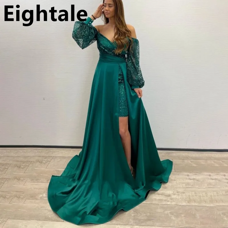 Eightale Emerald Green Custom Made Evening Dress for Wedding Party Puff Sleeve Side Slit Prom Gowns Dubai Formal Celebrity Gown