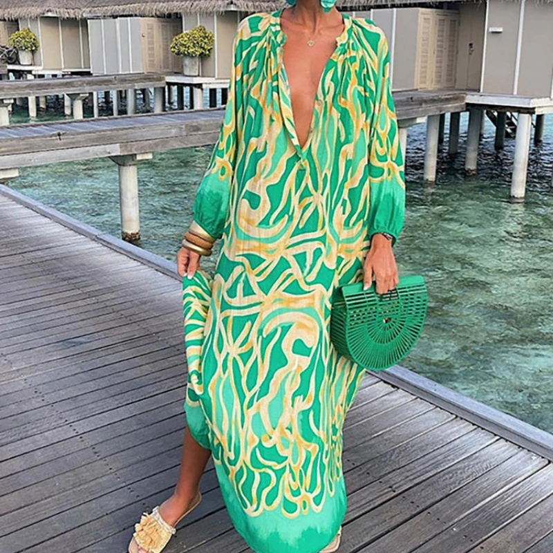 

Женское длинное платье с принтом, элегантное пикантное Макси-платье с глубоким V-образным вырезом и длинным рукавом, летнее свободное Повсе...