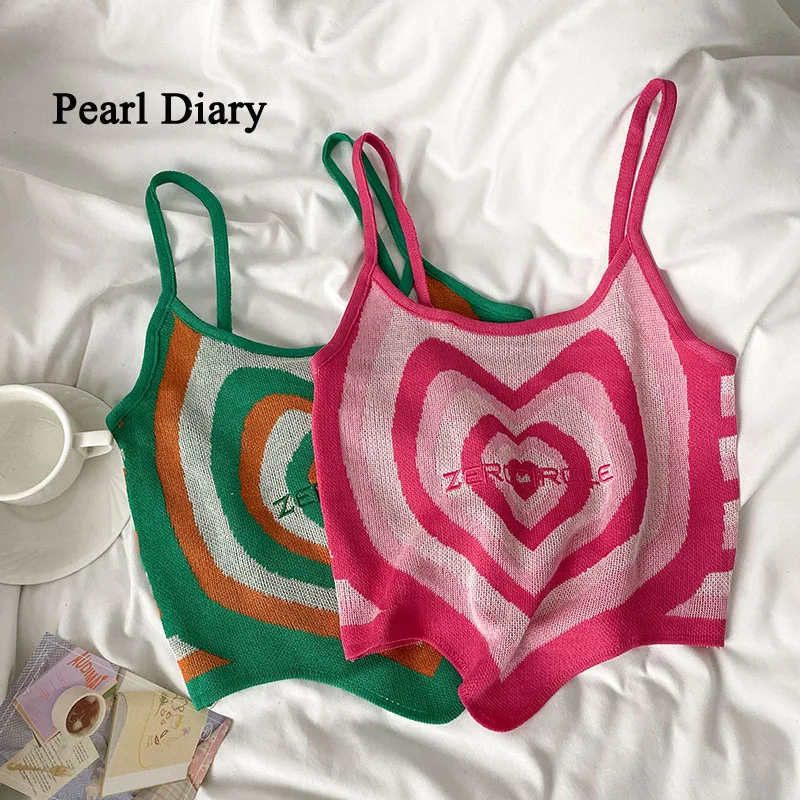 

Pearl Diary Women Love Pattern English Letters Embroidery Camisole Summer Sexy Backless Knitting Top Women Short Thin Tank Tops