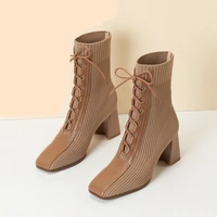 2022 autumn and winter new fashion stitching knitted elastic stockings high heels womens short boots square toe