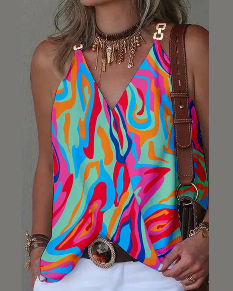 

2023 Summer Printed Women's Top V-neck Sleeveless Vest Female Casual Elegant Office Blouse Clothes Ladies