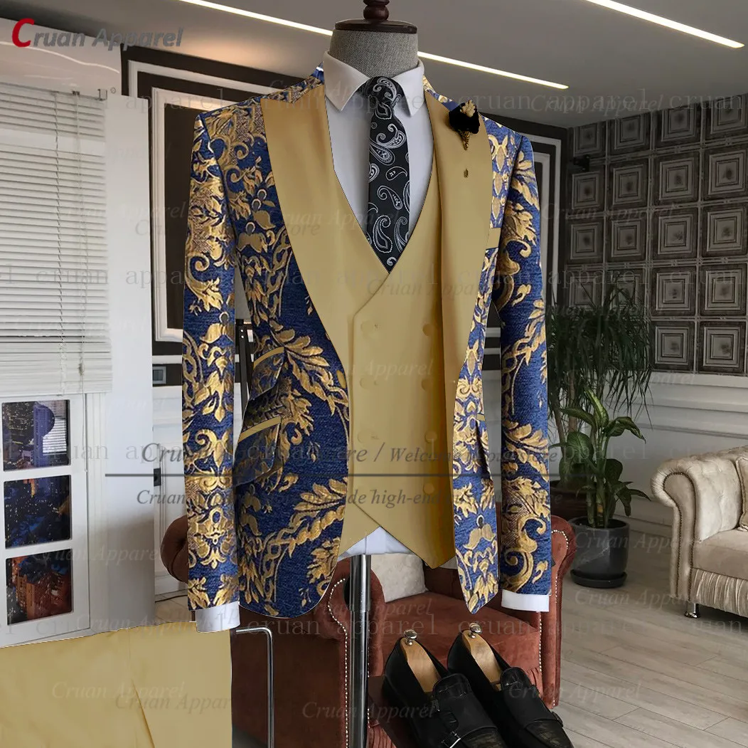 Latest Gold Floral Printed Suits Men 3pcs Tailor-made Luxury Wedding Groomsman Groom Suit Party Dinner Blazer Vest Pants Tuxedo