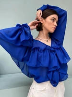 elegant blue chiffon ruffled lantern sleeve blouses women 2022 fashion sheers ladies office shirts casual ruffle tops