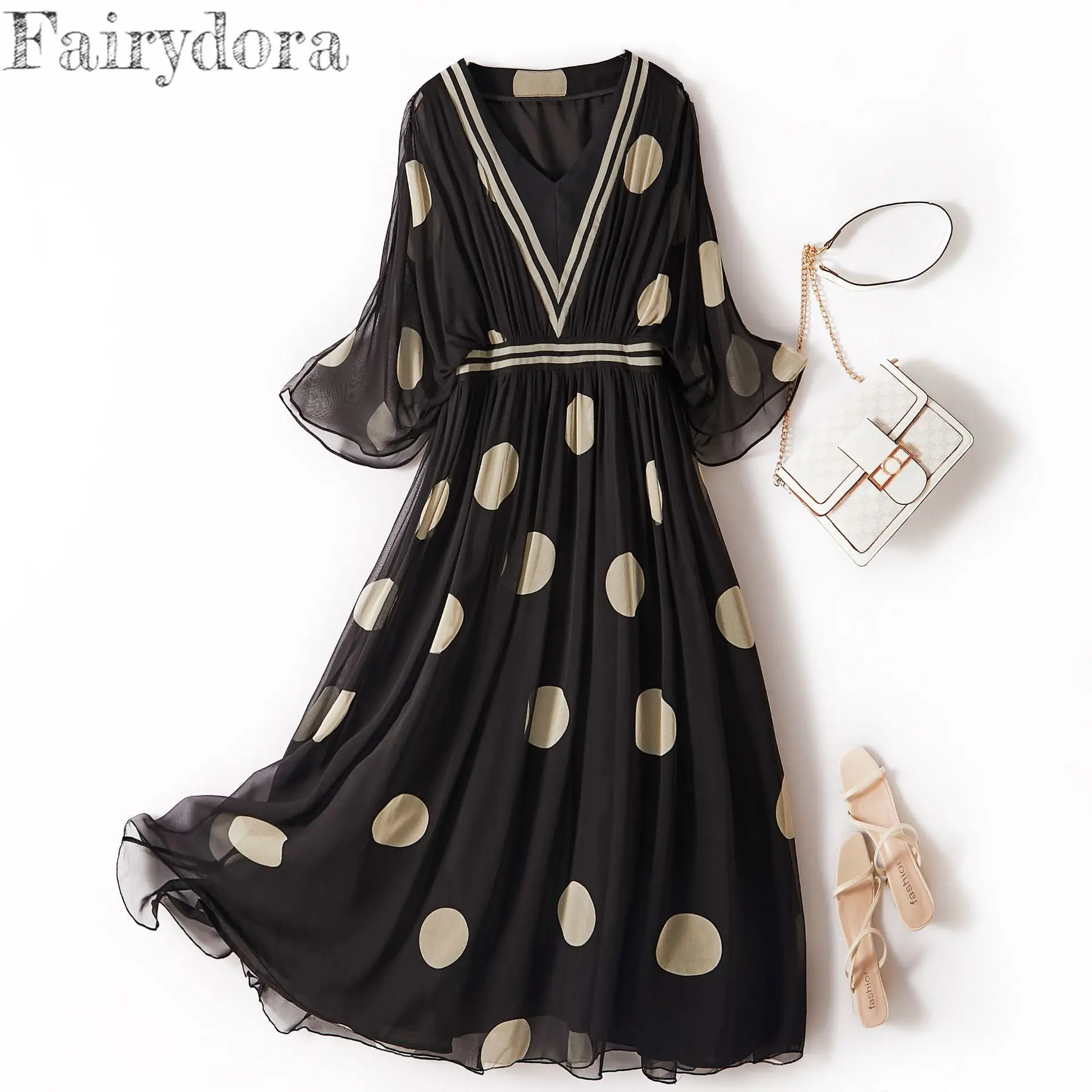 100% Mulberry Silk Dress for Women 2022 Summer BOHO Dresses Half Sleeve Dot Printing V Neck Elastic Waist Midi Dress 28013