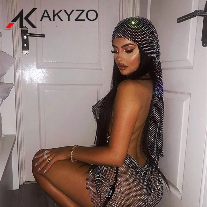 

Shiny Diamonds See Through Fishnet Celebrity Headscarf Y2K Fashion Hollow Out Glitter Rhinestone Black Head Top Nightclub Party