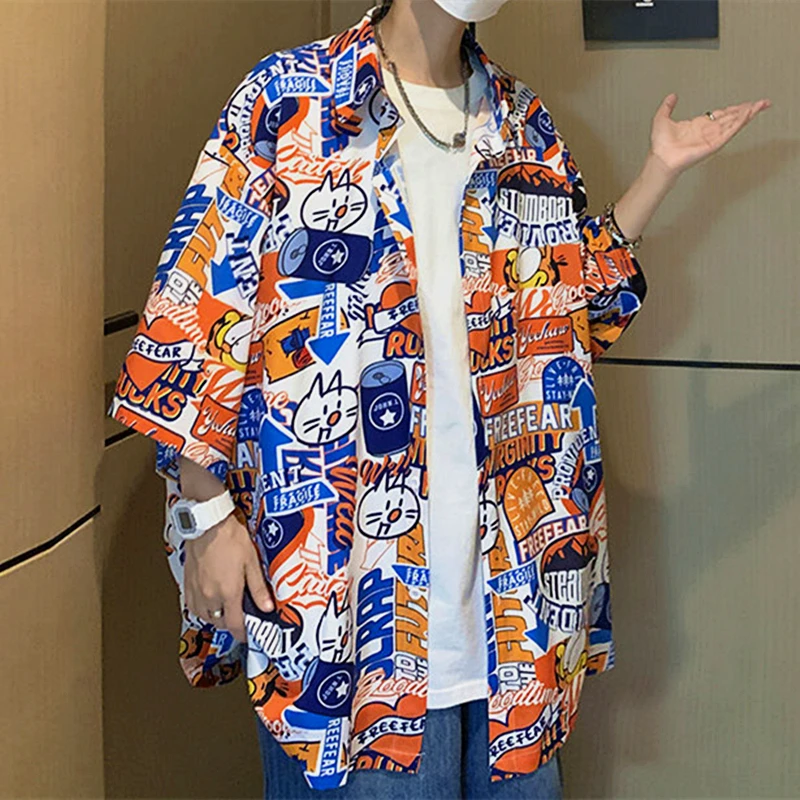 

Comfort Summer Chiffon Vintage Anime Comics Graffiti Men Shirts Short Sleeve Womens Tops Button Up Shirts New Hawaii Beach Style