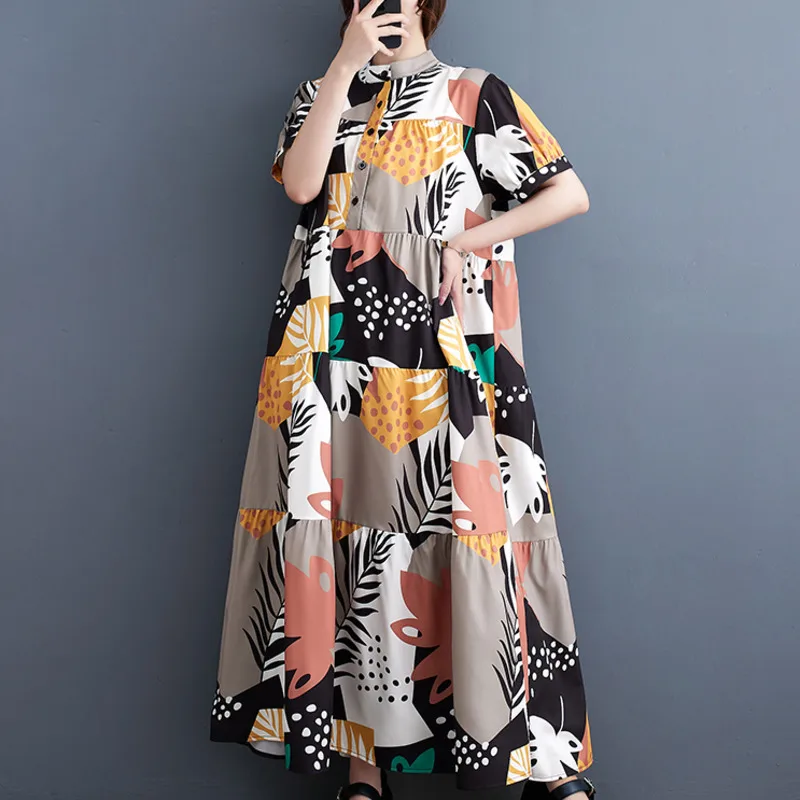 #3291 винтажное платье-рубашка с принтом коротким рукавом свободное разрезом