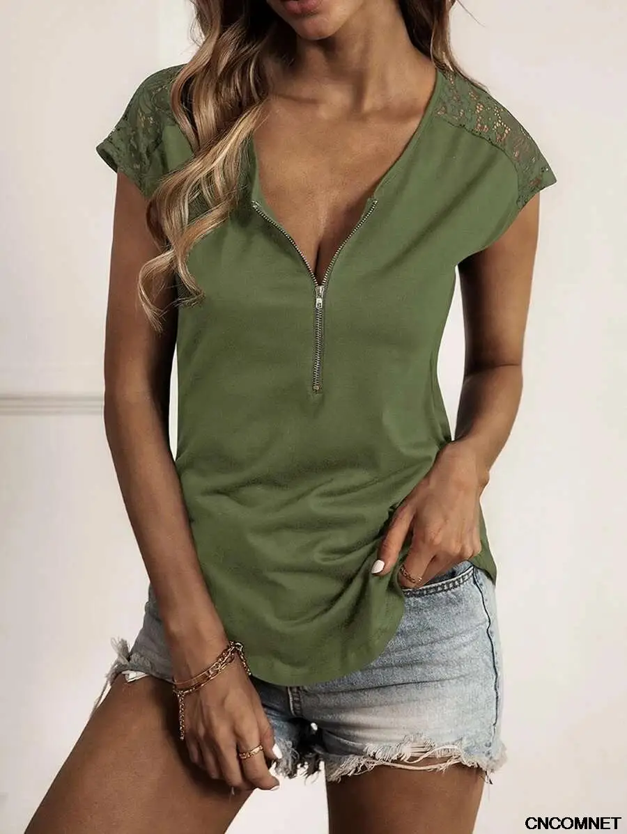 

Women Summer Solid Color T-Shirts Patchwork Zipper Lace O-Neck Short Sleeve Slim Pullovers Femme Top Clothing 2021
