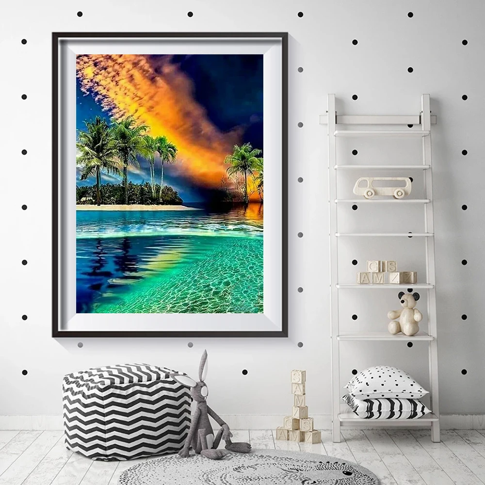 

HUACAN Embroidery Seaside Landscape Needlework Kits 11CT DIY Printing Canvas Cross Stitch Tree Home Decoration 40x50cm