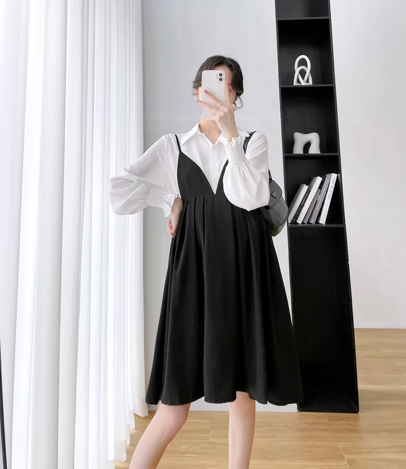 2Pcs Set White Blouse Sling Dress Maternity Clothing Sets Chic Ins A Line Clothes For Pregnant Women Spring Fashion Pregnancy