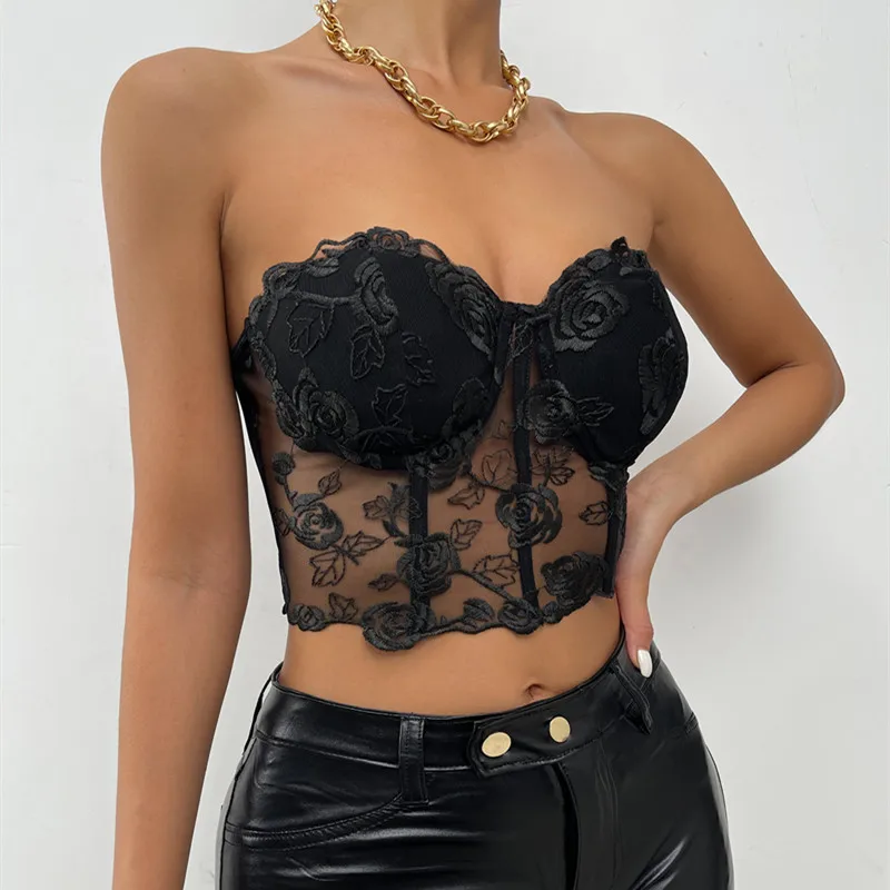 Womens Bustier Crop Tops Embroidery Flower See Through Off Shoulder Tank Vintage Harajuku Fairy Grunge Emo Alt Corset Top |