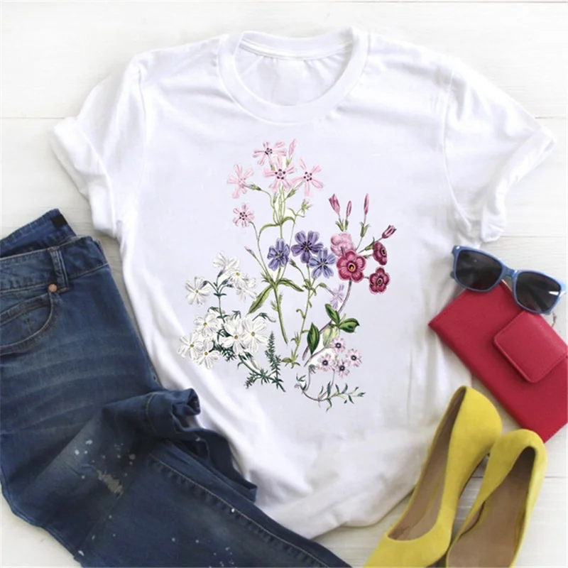 

Women Flower Lady Fashion Short Sleeve Aesthetic Clothes Summer Shirt T-shirts Top T Graphic Female Ladies Womens Tee T-Shirt