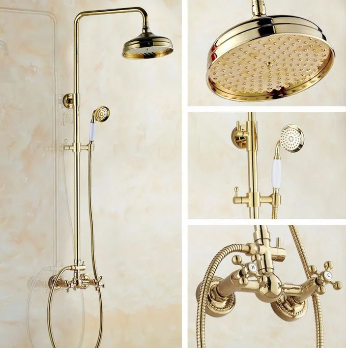 

Modern Golden Brass Bathroom Faucet Set Wall Mounted Rainfall/Handheld Shower Hot And Cold Water Taps Kit 2gf331