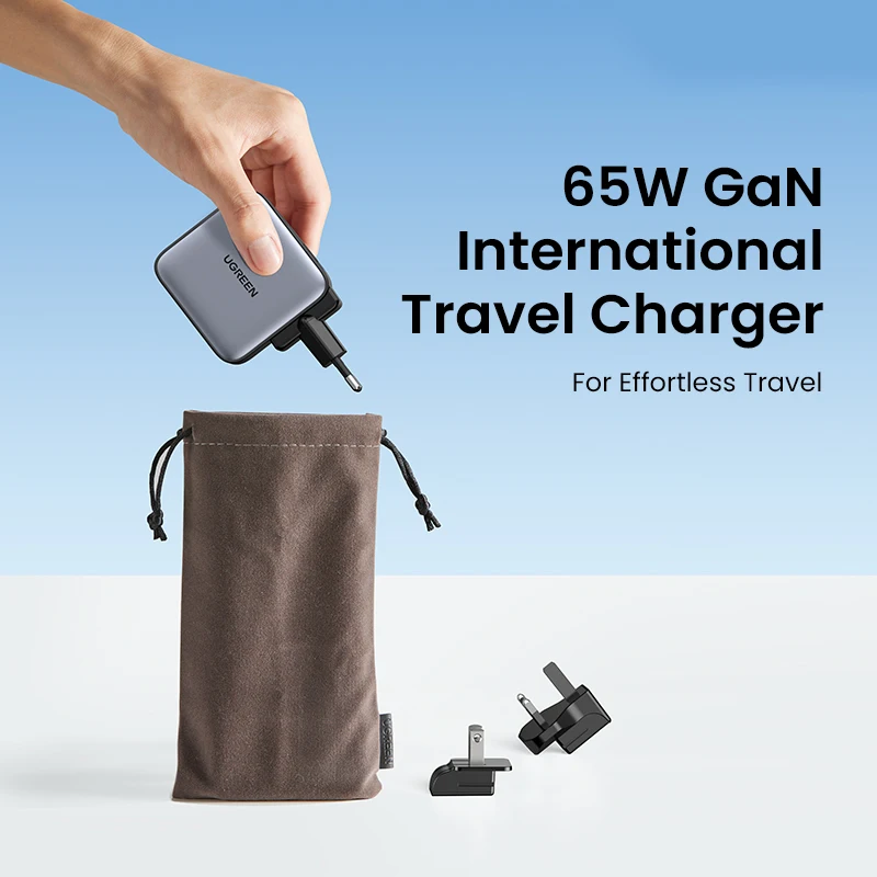 UGREEN GaN 65W Travel Adapter All-in-one Travel Charger with 1 USB Ports and 2 Type C Wall Charger for US EU UK Travel