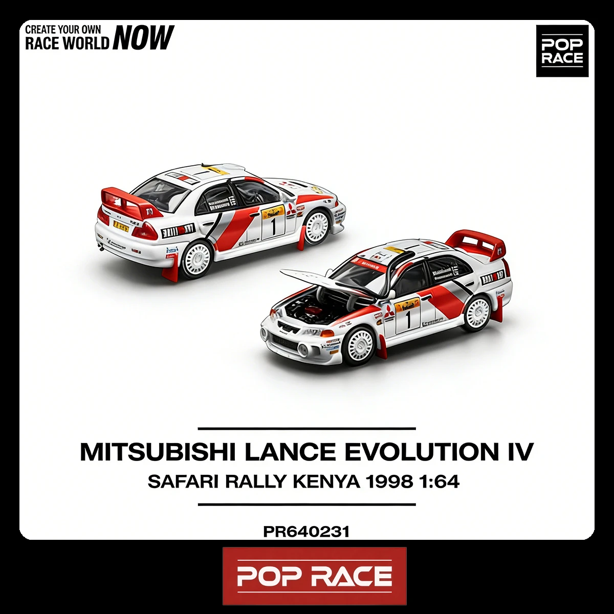 Фото POP RACE В наличии 1:64 PR640231 Mitsubishi Lancer Evolution IV # Модель автомобиля Safari Rally Kenya 1998 с открывающимся капотом, литая под давлением №3