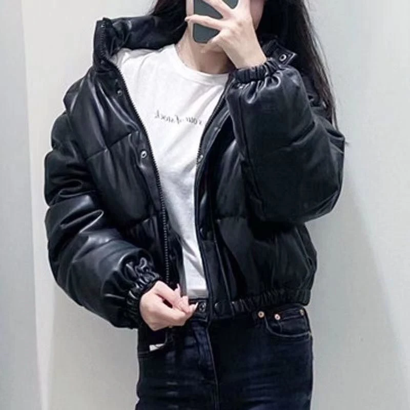 Black Pu Leather Winter Jacket Women Zipper Thick Warm Cotton Padded Coats Female Stand Collar Short Down Parkas 2023 enlarge