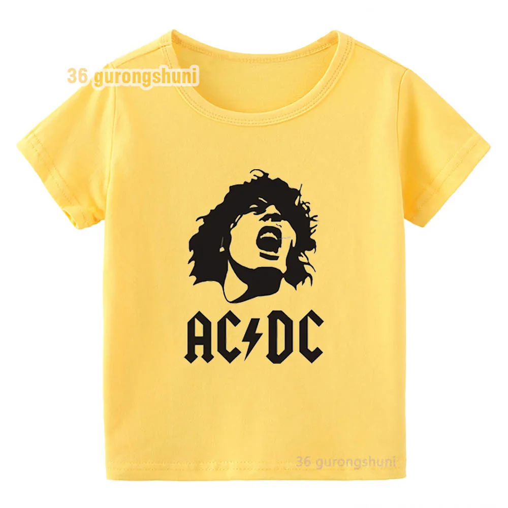 Фото Футболка для мальчиков, одежда ACDC, детская футболка, футболки для маленьких девочек, желтые футболки с графическим рисунком, детская одежда, летняя одежда для мальчиков с коротким рукавом №1
