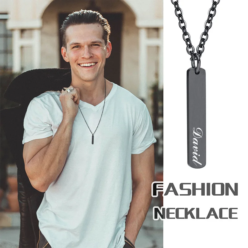 

Free Custom Vertical Bar Necklaces for Men, Matte Finished Stainless Steel Slim Pendant with Cuban O Chain Collar Gift