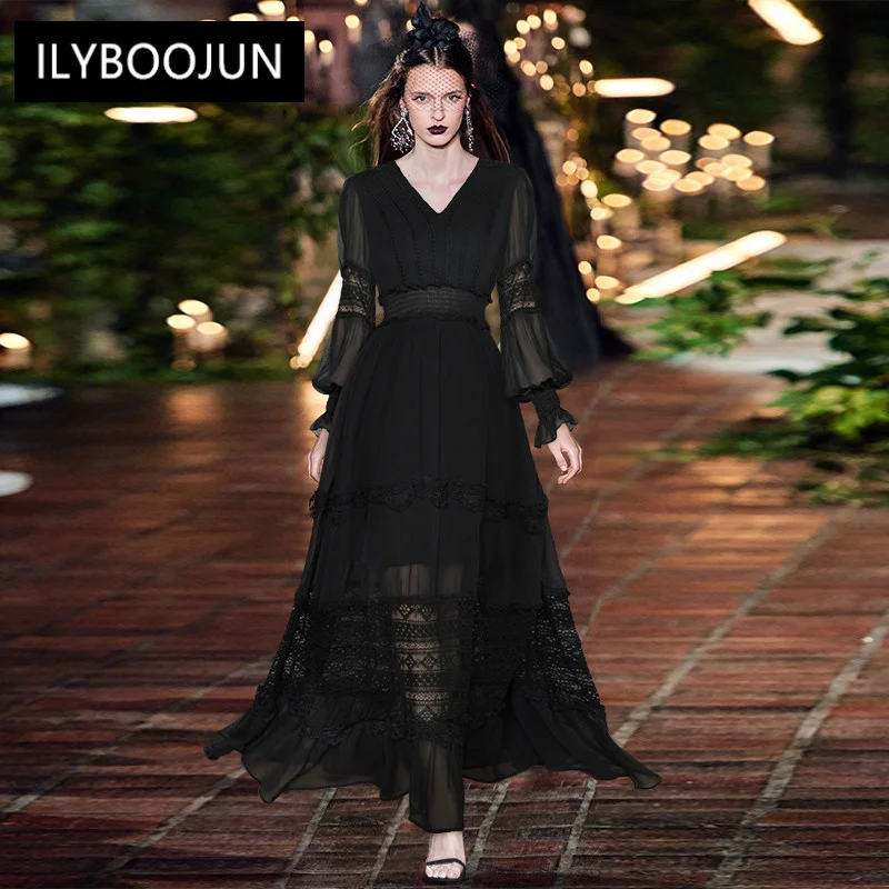 

Elegant Women's Dresses For Party 2022 Runway Autumn Black V-neck Long Lantern Sleeve Elastic Waist Hollow Out Party Dresses