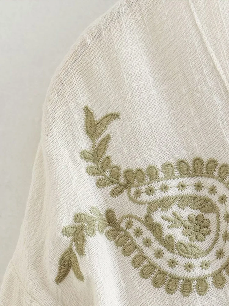 Рубашка женская из хлопка и льна с вышивкой свободная блузка V-образным вырезом