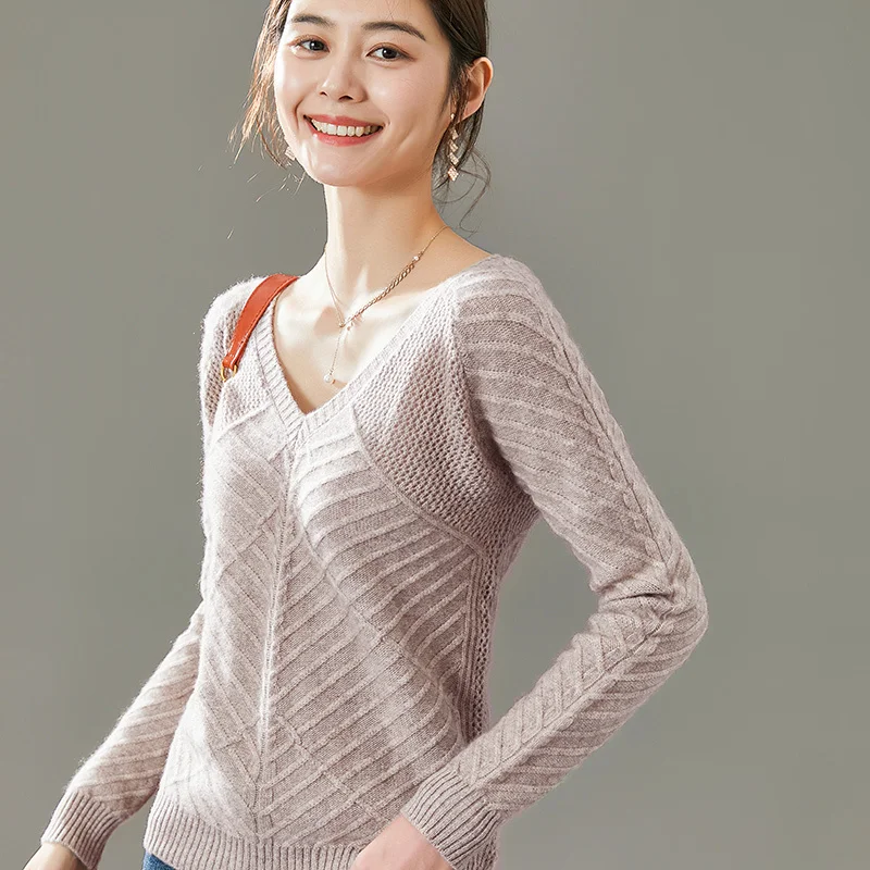 

Autumn and Winter New Pure Cashmere Sweater Woman V-neck Hollow Decoration Pullover Fashion Color Block Sweater Free Shipping