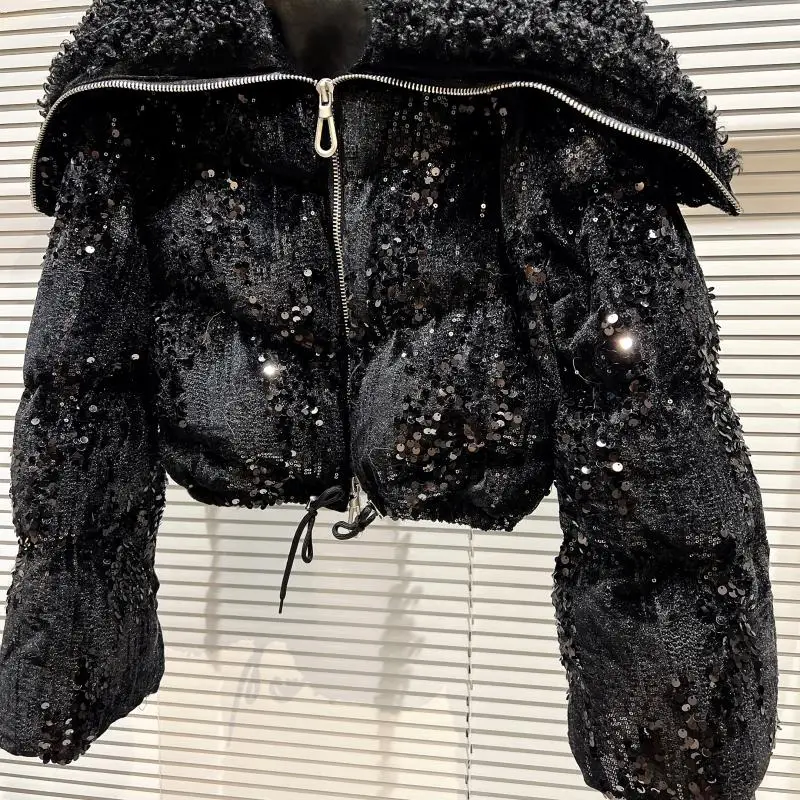 Woman Full Sequined Velvet Short Cotton Jacket 2022 Winter New Sailor Collar Fleece Sailor Collar Cotton Padded Coat Parka Mujer