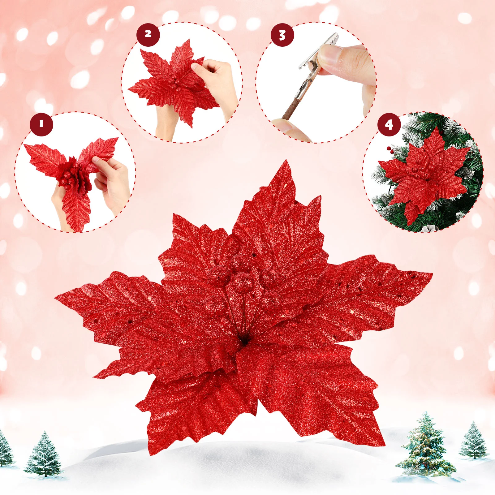 

Christmas Flower Tree Flowers Pink Decorations Xmas Glitter Clips Artificial Stem Bows Wreath