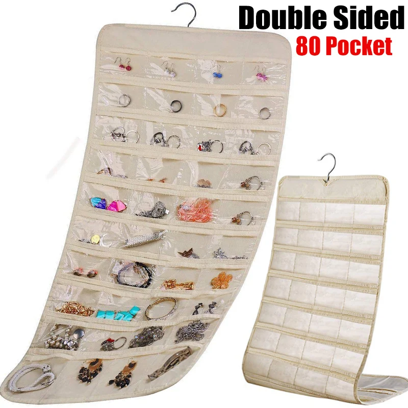 

Jewelry Organizer Storage Bag 80 Pockets Double Sided Hanging Non-woven Foldable Ring Necklace Bracelet Dustproof Pouch Bags