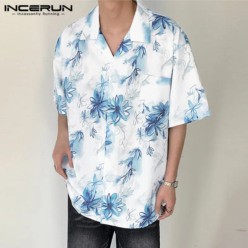 

Korean Style New Men's Ink Floral Printed Blouse Casual Streetwear Male Hot Selling Short Sleeved Shirts S-5XL INCERUN Tops 2023