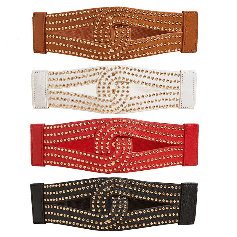 

Wide waist sealing elastic waist belt with rivet decoration