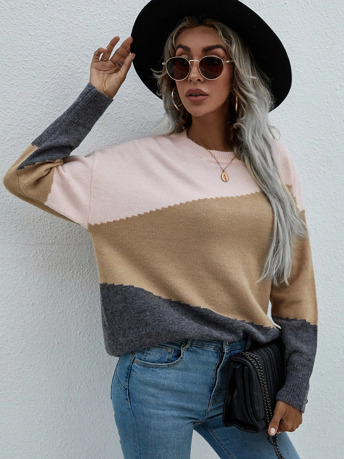 

Fashion Patchwork Colour Knitted Sweater Oversize Women's O Neck Jumper Autumn Top Female Clothing Loose Casual Knit Pullover