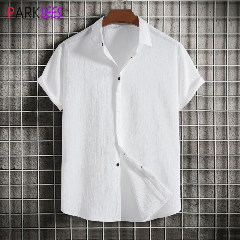 

2023 Fashion Wrinkle Fabric Short Sleeve Shirt Men Casual Breathable Comfortable Beach Wear Shirts Mens Button Down Summer Shirt