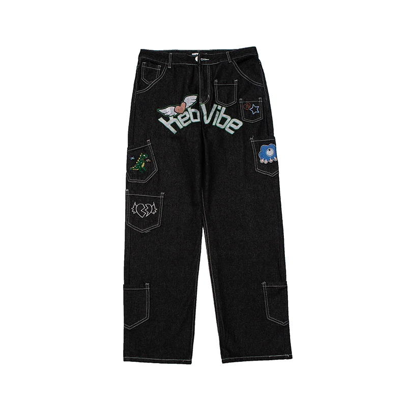 

Retro Pockets Letter Embroidery Vibe Style Casual Mens Denim Trousers Streetwear Straight Washed Loose Jeans Pants Oversized
