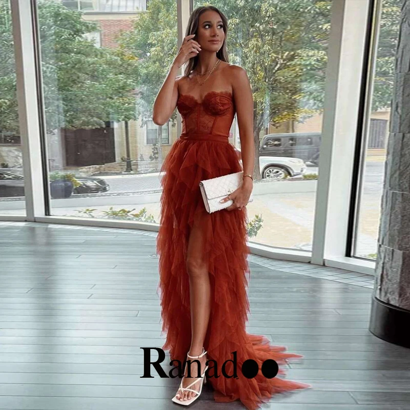 

Illusion High Low Evening Party For Women Appliques Sweetheart Tulle A Line Court Train Backless Abendkleider Made To Order