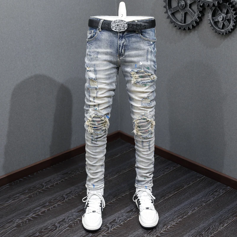 High Street Fashion Men Jeans Retro Blue Elastic Painted Skinny Fit Ripped Jeans Men Patched Designer Hip Hop Brand Pants Hombre