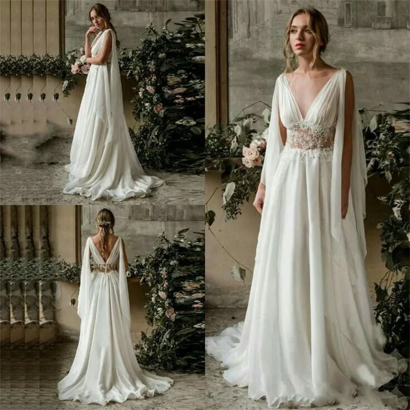

Bohemian A Line Wedding Dresses for Women 2022 Elegant Lace Bridal Gowns with Wrap Backless Summer Beach Robe de Mariage